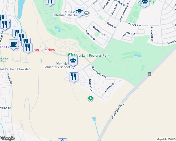map of restaurants, bars, coffee shops, grocery stores, and more near 26 Hoku Puhipaka Street in Kahului