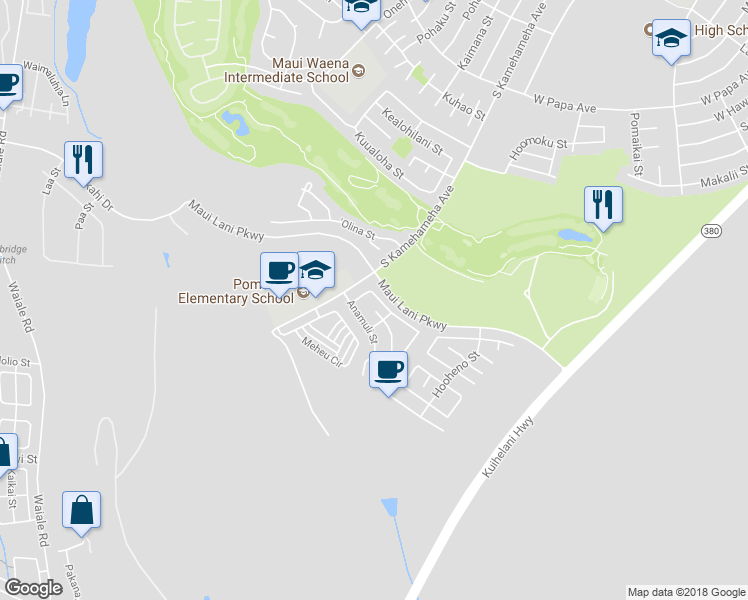 map of restaurants, bars, coffee shops, grocery stores, and more near 40 Hoku Puhipaka Street in Kahului