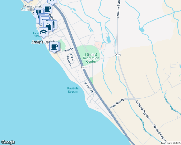 map of restaurants, bars, coffee shops, grocery stores, and more near 332 Aulike Street in Lahaina