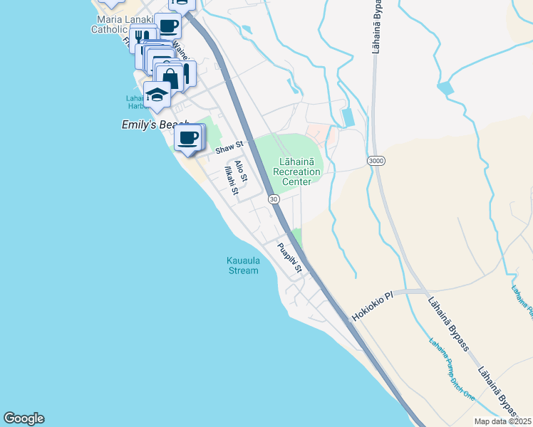 map of restaurants, bars, coffee shops, grocery stores, and more near 82 Kahili Place in Lahaina