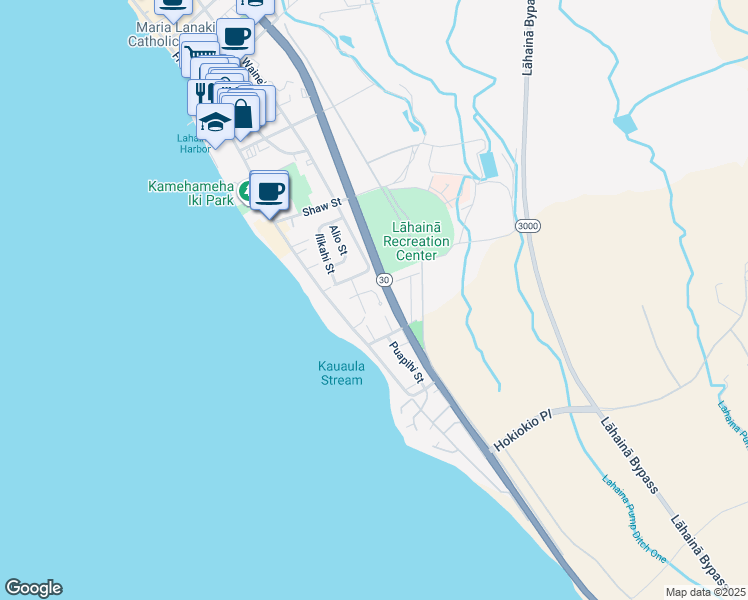 map of restaurants, bars, coffee shops, grocery stores, and more near 82 Kahili Place in Lahaina