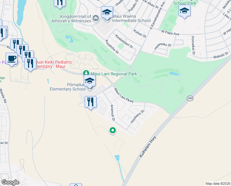 map of restaurants, bars, coffee shops, grocery stores, and more near 49 Hoku Puhipaka Street in Kahului
