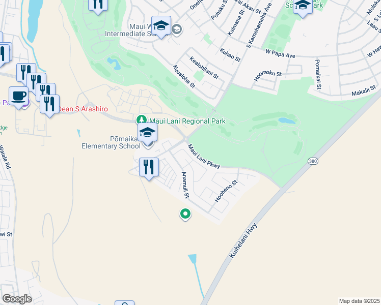 map of restaurants, bars, coffee shops, grocery stores, and more near 45 Hoku Puhipaka Street in Kahului