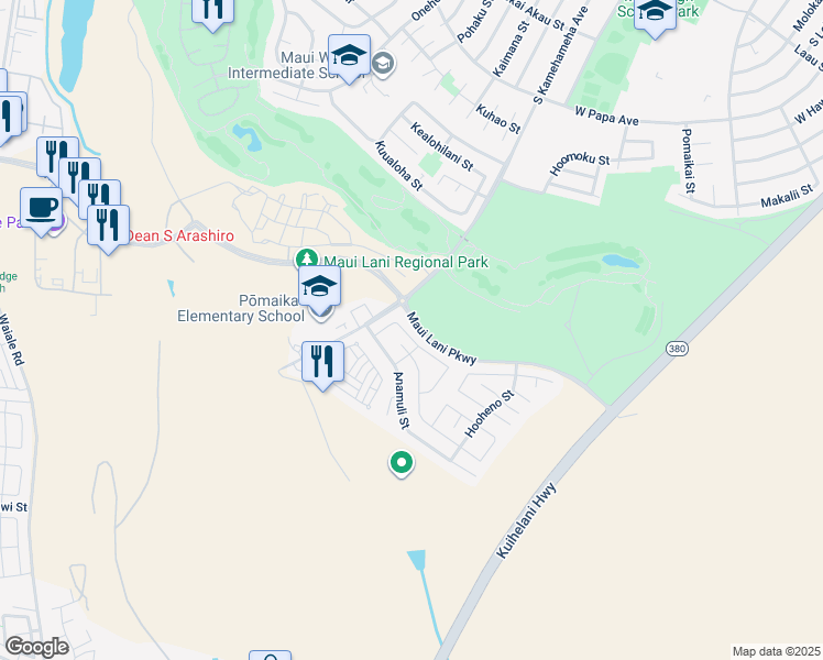 map of restaurants, bars, coffee shops, grocery stores, and more near 45 Hoku Puhipaka Street in Kahului