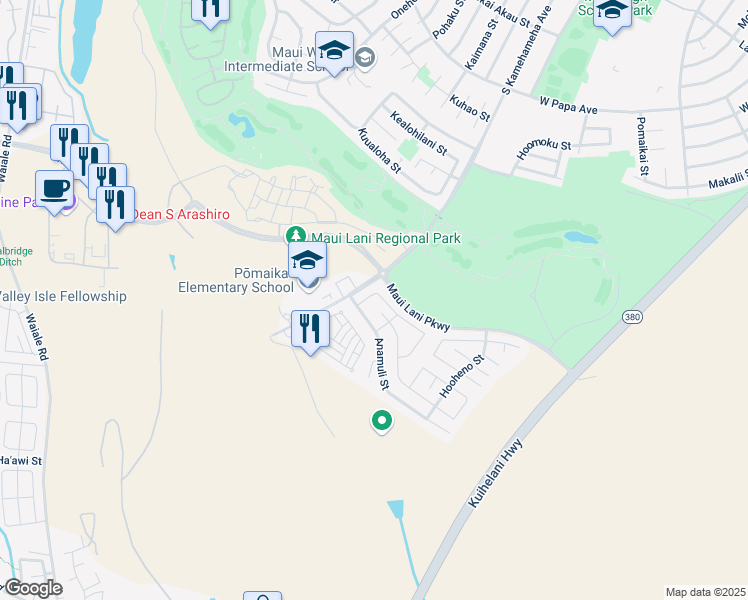 map of restaurants, bars, coffee shops, grocery stores, and more near 28 Hoku Puhipaka Street in Kahului