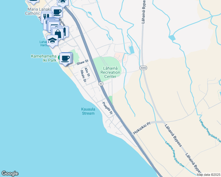 map of restaurants, bars, coffee shops, grocery stores, and more near 340 Aulike Street in Lahaina