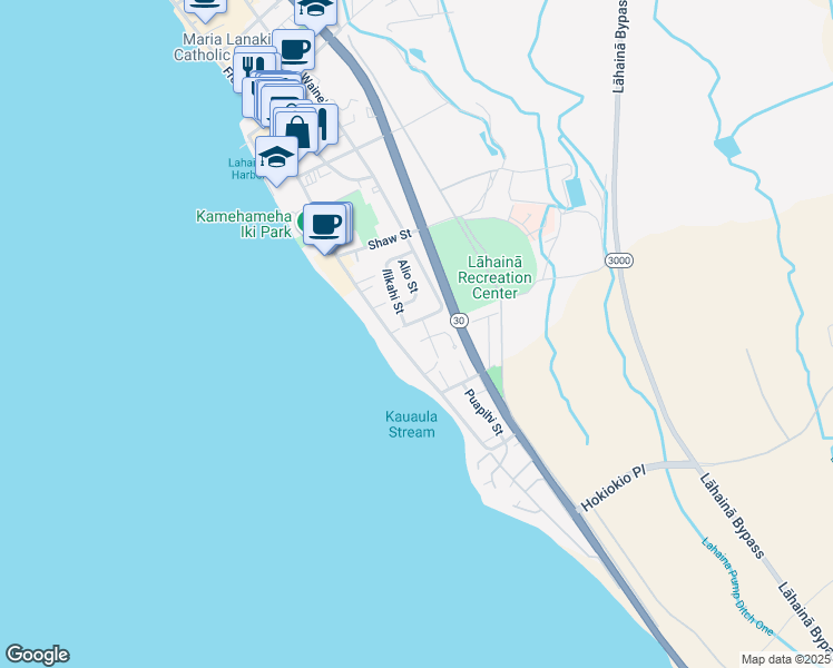 map of restaurants, bars, coffee shops, grocery stores, and more near 31 Kua Place in Lahaina