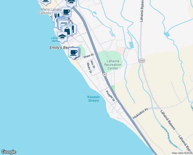map of restaurants, bars, coffee shops, grocery stores, and more near 375 Kamano Place in Lahaina