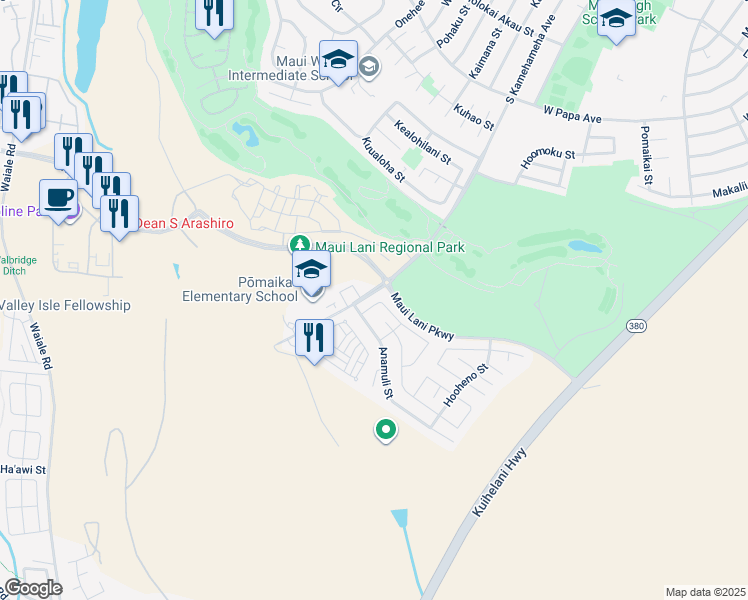 map of restaurants, bars, coffee shops, grocery stores, and more near 25 Hoku Puhipaka Street in Kahului