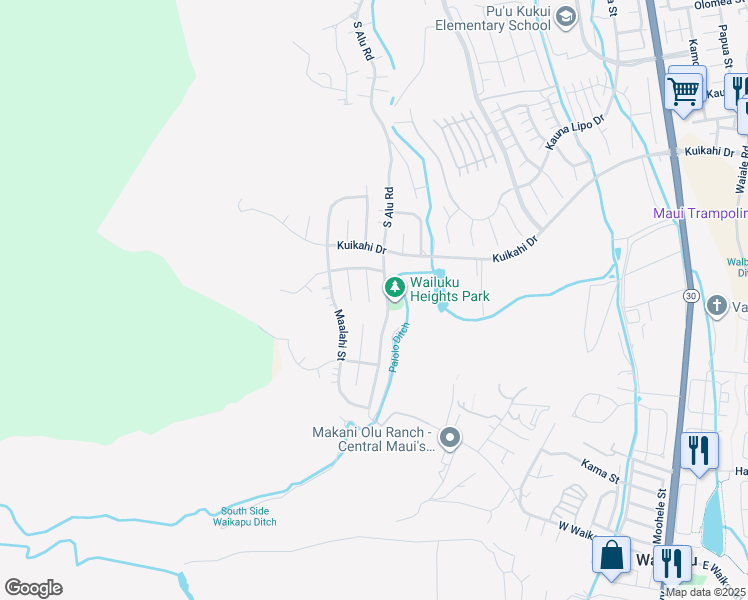 map of restaurants, bars, coffee shops, grocery stores, and more near 645 Mapuana Place in Wailuku