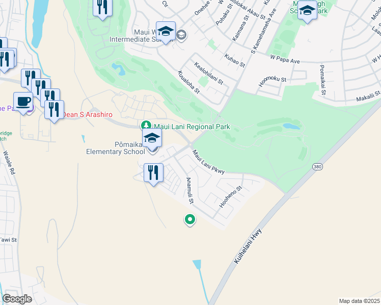 map of restaurants, bars, coffee shops, grocery stores, and more near 37 Hoku Puhipaka Street in Kahului