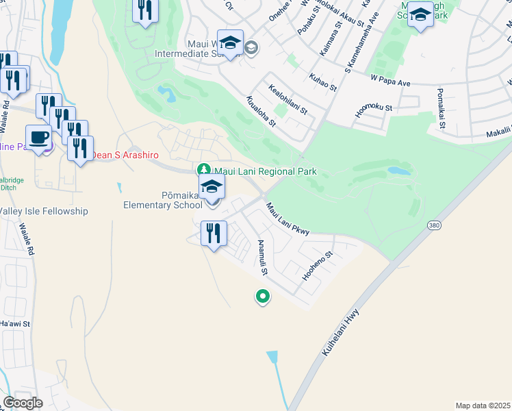 map of restaurants, bars, coffee shops, grocery stores, and more near 27 Hoku Puhipaka Street in Kahului