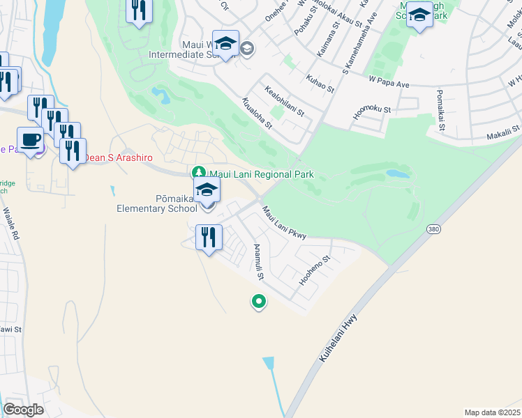 map of restaurants, bars, coffee shops, grocery stores, and more near 37 Hoku Puhipaka Street in Kahului