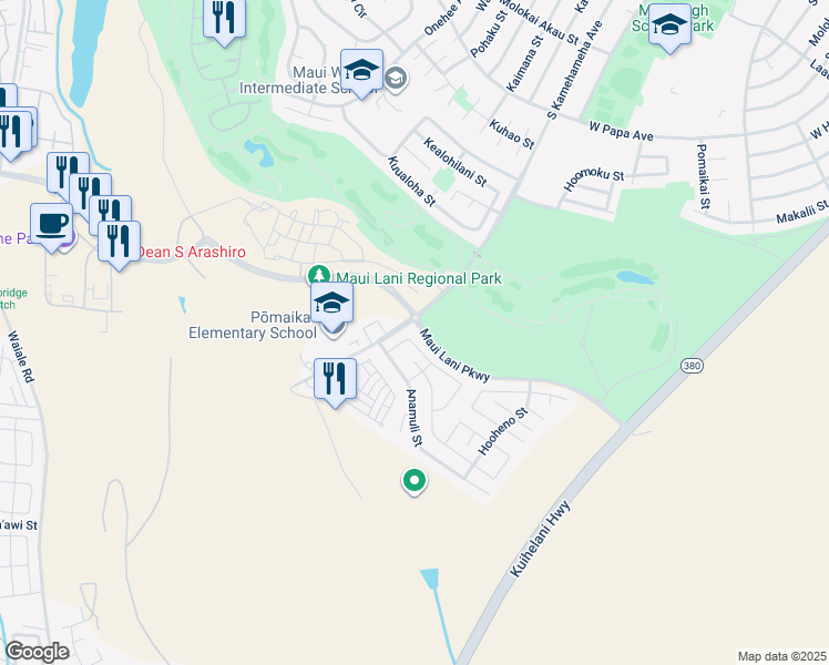 map of restaurants, bars, coffee shops, grocery stores, and more near 35 Hoku Puhipaka Street in Kahului