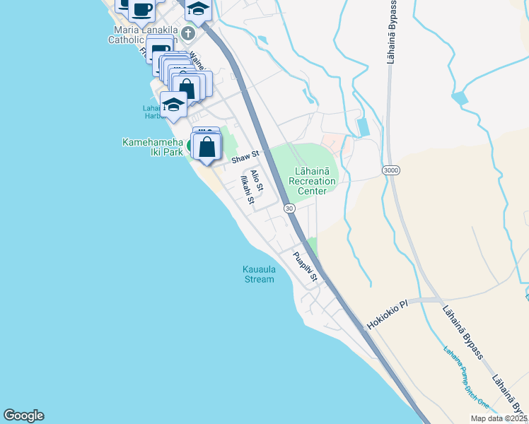 map of restaurants, bars, coffee shops, grocery stores, and more near 31 Kua Place in Lahaina