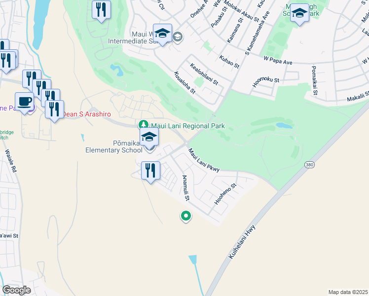 map of restaurants, bars, coffee shops, grocery stores, and more near 31 Hoku Puhipaka Street in Kahului