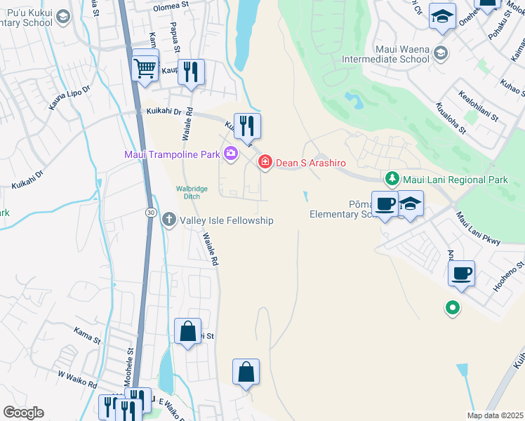 map of restaurants, bars, coffee shops, grocery stores, and more near 106 Laa Street in Kahului
