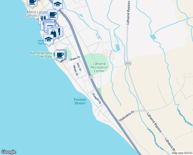 map of restaurants, bars, coffee shops, grocery stores, and more near 365 Aulike Street in Lahaina