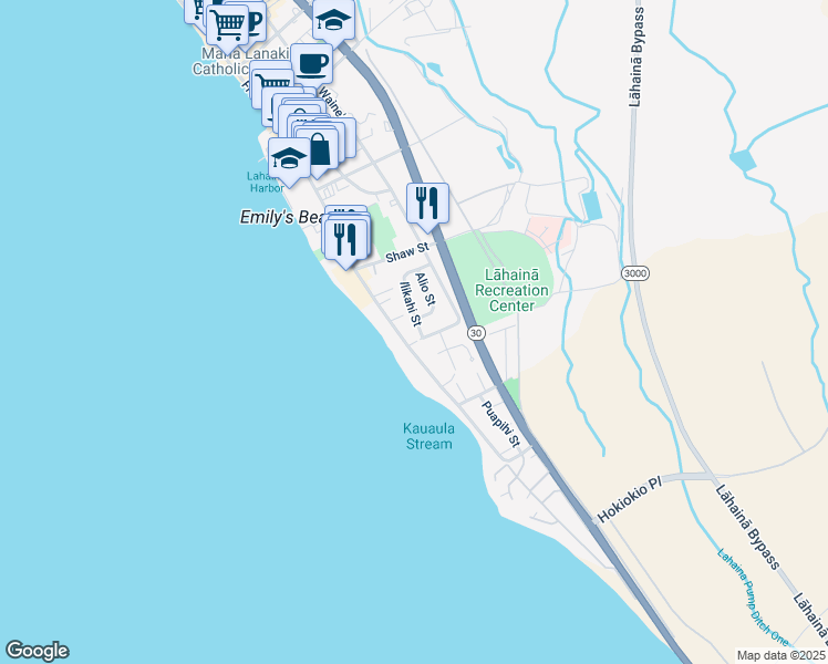 map of restaurants, bars, coffee shops, grocery stores, and more near 419 Ilikahi Street in Lahaina