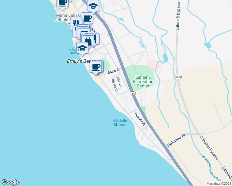map of restaurants, bars, coffee shops, grocery stores, and more near 419 Ilikahi Street in Lahaina