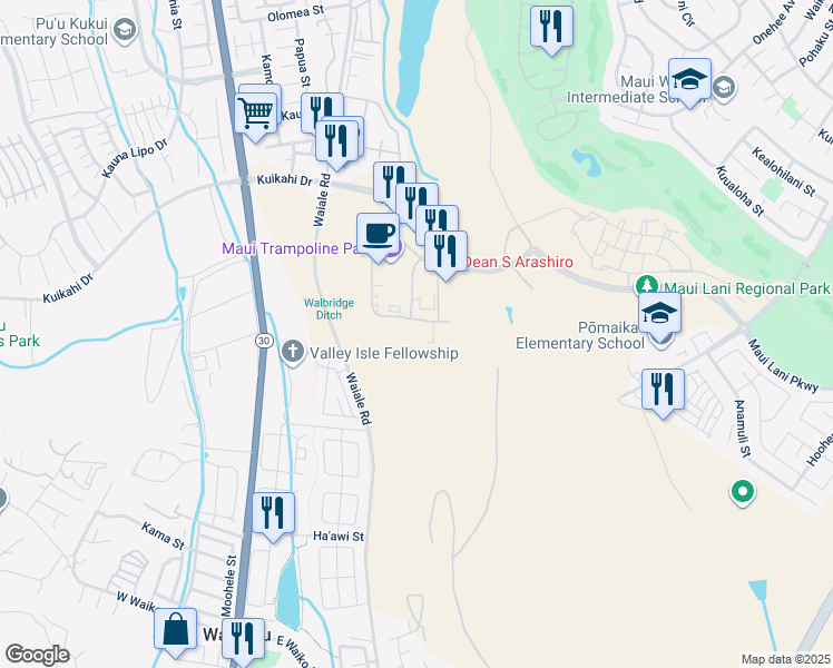 map of restaurants, bars, coffee shops, grocery stores, and more near 90 Laa Street in Kahului