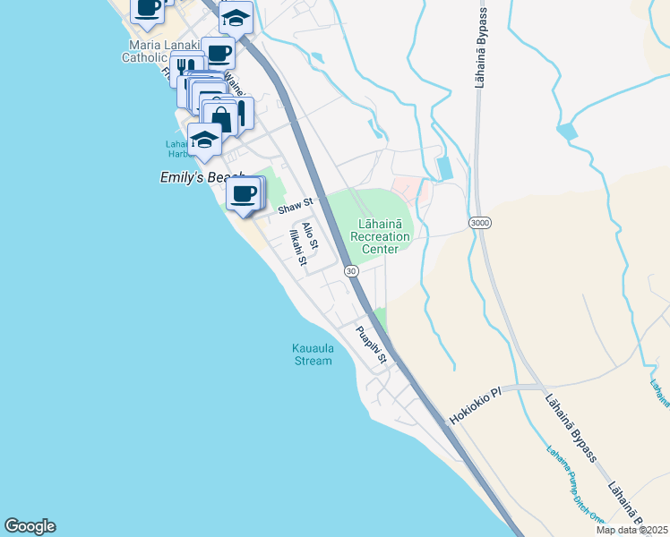 map of restaurants, bars, coffee shops, grocery stores, and more near 64 Kauaula Road in Lahaina