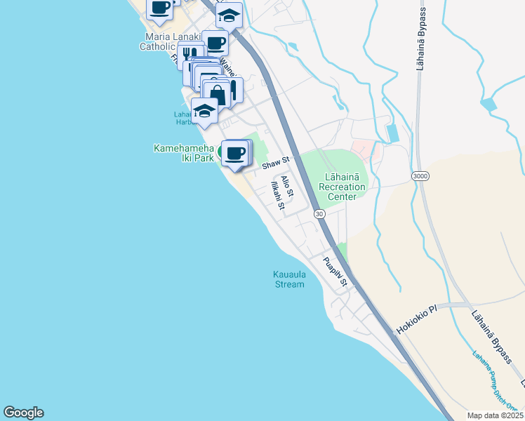 map of restaurants, bars, coffee shops, grocery stores, and more near 441 Ilikahi Street in Lahaina