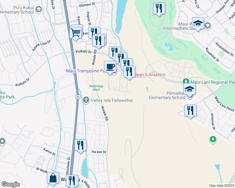 map of restaurants, bars, coffee shops, grocery stores, and more near 82 Laa Street in Kahului