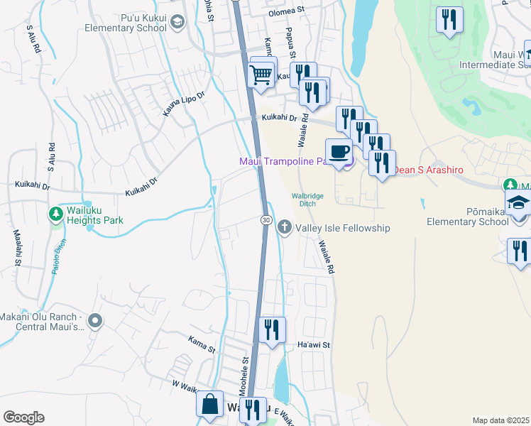 map of restaurants, bars, coffee shops, grocery stores, and more near 0 Hawaii 30 in Wailuku