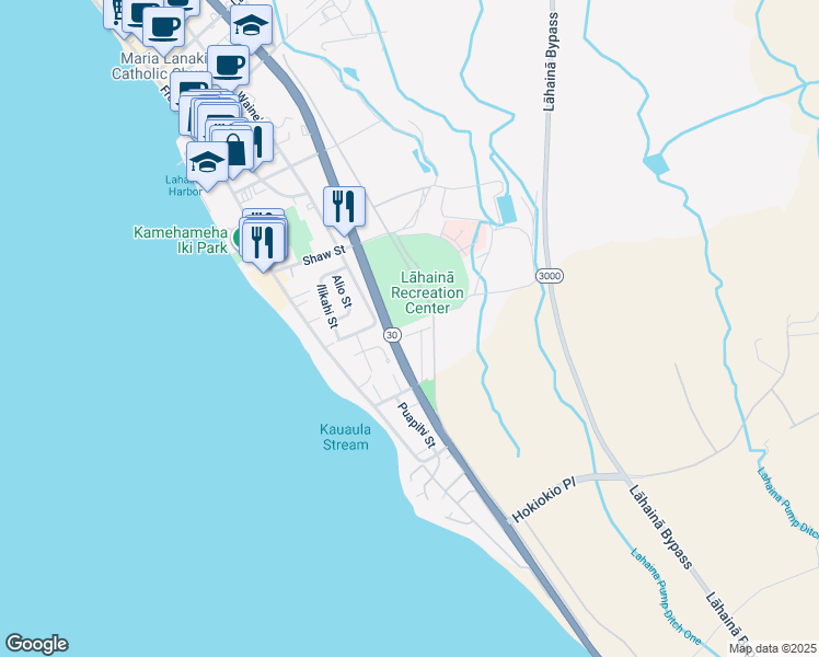 map of restaurants, bars, coffee shops, grocery stores, and more near 125 Leoleo Street in Lahaina
