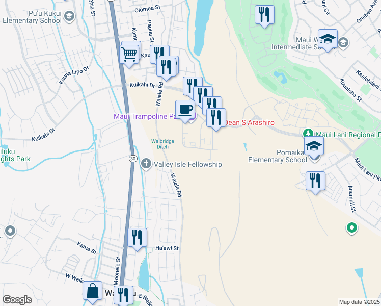 map of restaurants, bars, coffee shops, grocery stores, and more near 74 Laa Street in Kahului