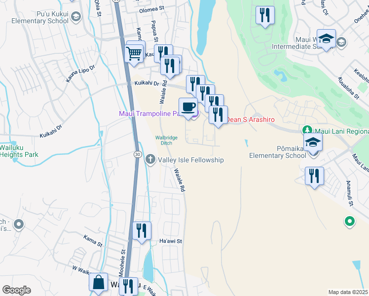map of restaurants, bars, coffee shops, grocery stores, and more near 66 Laa Street in Kahului