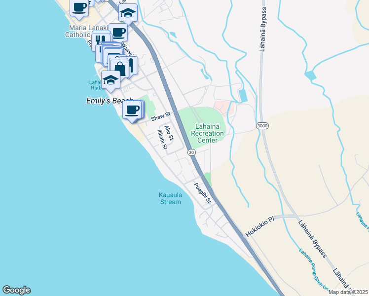 map of restaurants, bars, coffee shops, grocery stores, and more near 70 Kauaula Road in Lahaina
