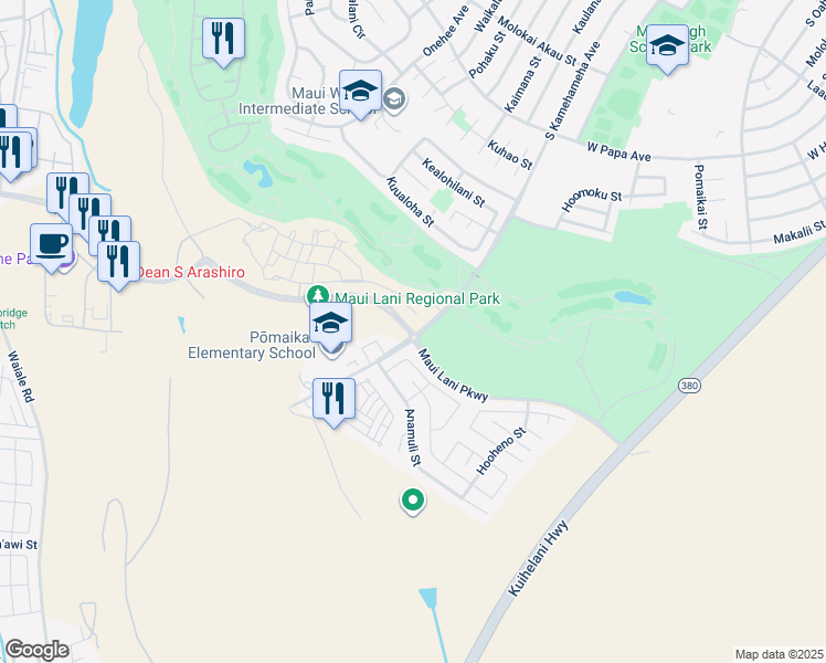 map of restaurants, bars, coffee shops, grocery stores, and more near 34 Pakau Place in Kahului