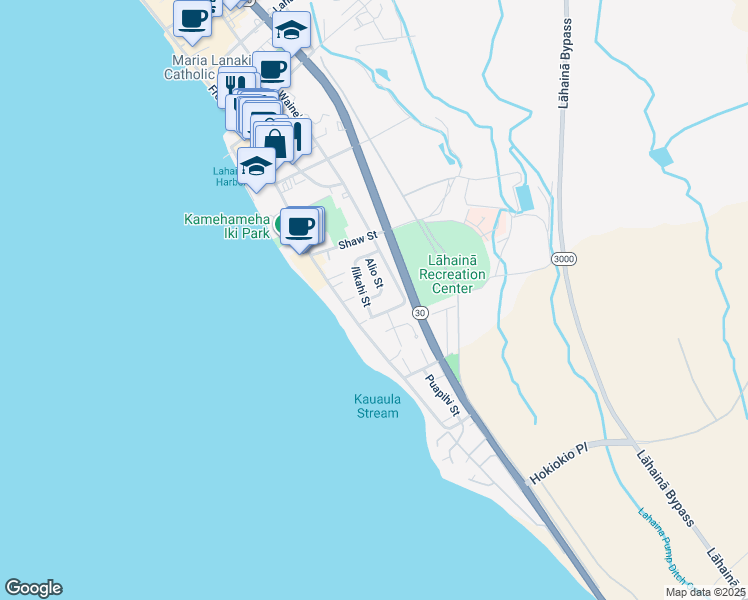 map of restaurants, bars, coffee shops, grocery stores, and more near 404 Alio Street in Lahaina
