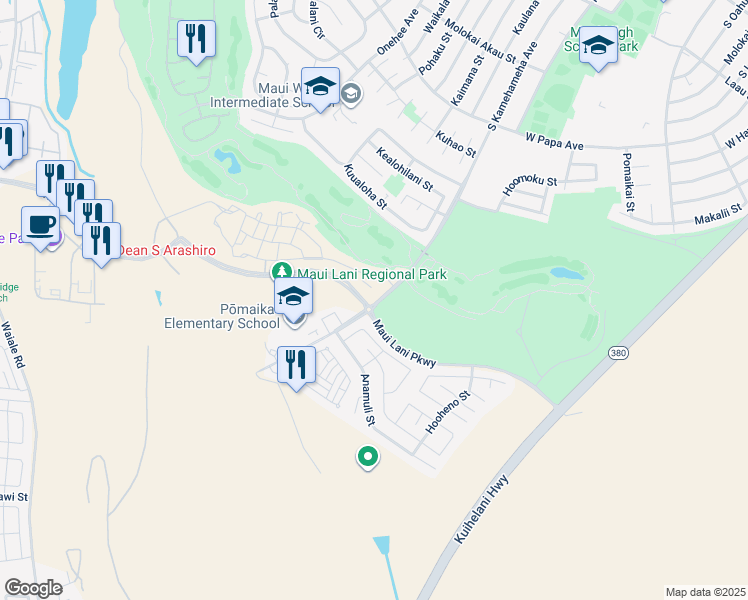 map of restaurants, bars, coffee shops, grocery stores, and more near 38 Pakau Place in Kahului