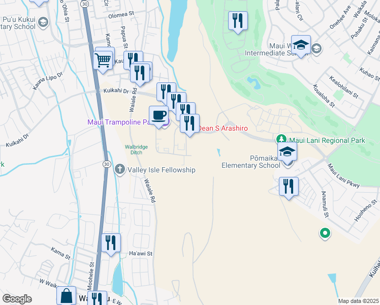 map of restaurants, bars, coffee shops, grocery stores, and more near 169 Maa Street in Kahului