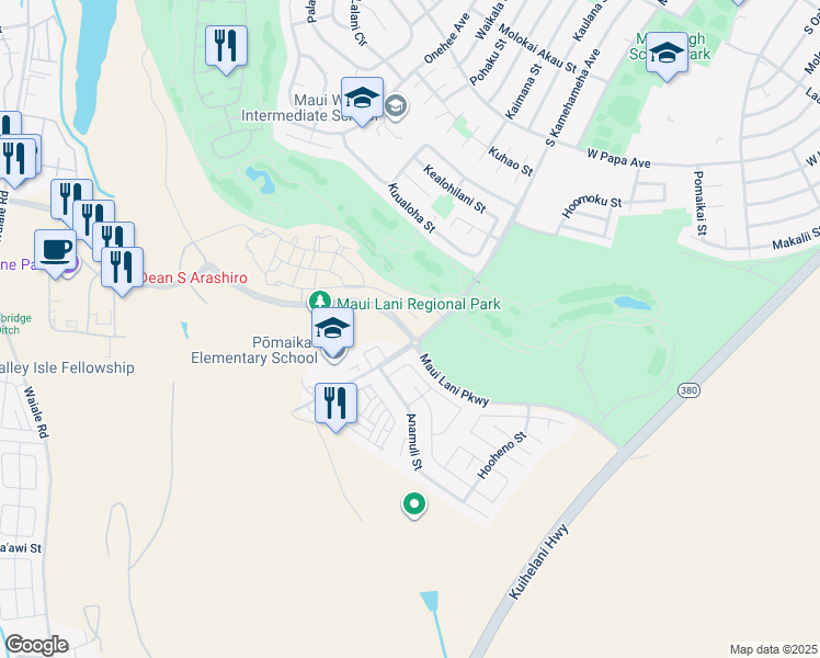 map of restaurants, bars, coffee shops, grocery stores, and more near 30 Pakau Place in Kahului
