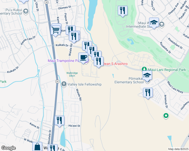 map of restaurants, bars, coffee shops, grocery stores, and more near 97 Laa Street in Kahului