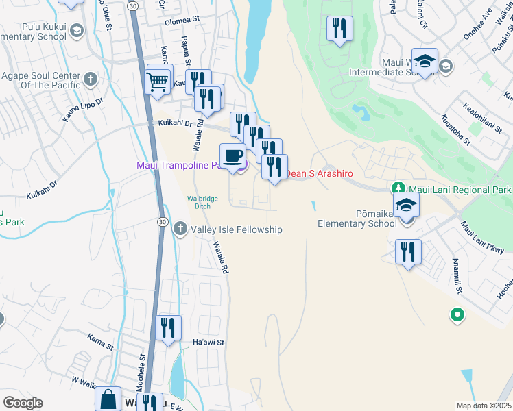 map of restaurants, bars, coffee shops, grocery stores, and more near 89 Laa Street in Kahului