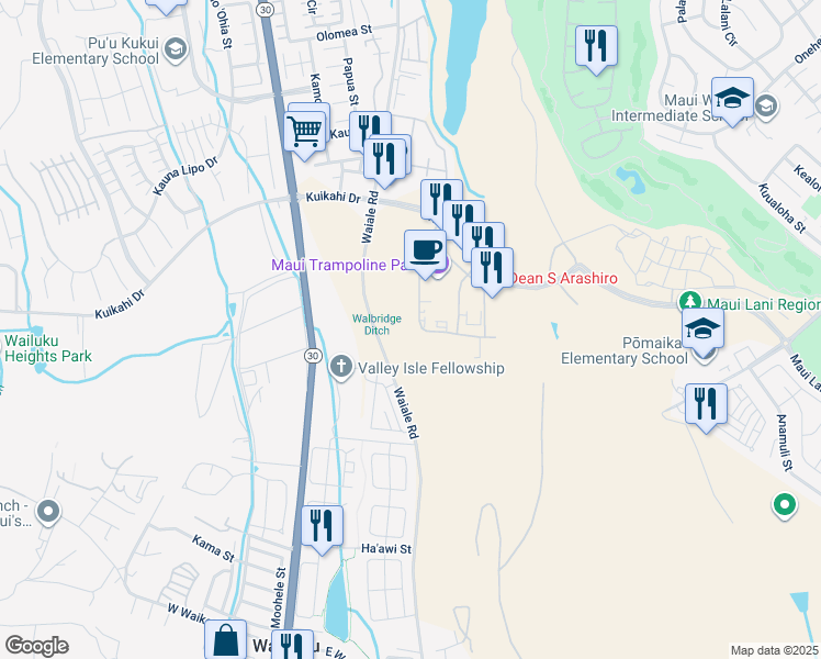 map of restaurants, bars, coffee shops, grocery stores, and more near 62 Laa Street in Kahului