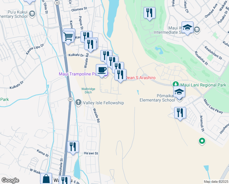 map of restaurants, bars, coffee shops, grocery stores, and more near 97 Laa Street in Kahului