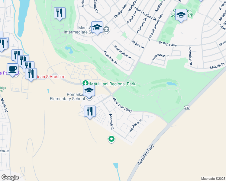 map of restaurants, bars, coffee shops, grocery stores, and more near 38 Pakau Place in Kahului