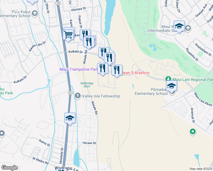 map of restaurants, bars, coffee shops, grocery stores, and more near 52 Paa Street in Kahului