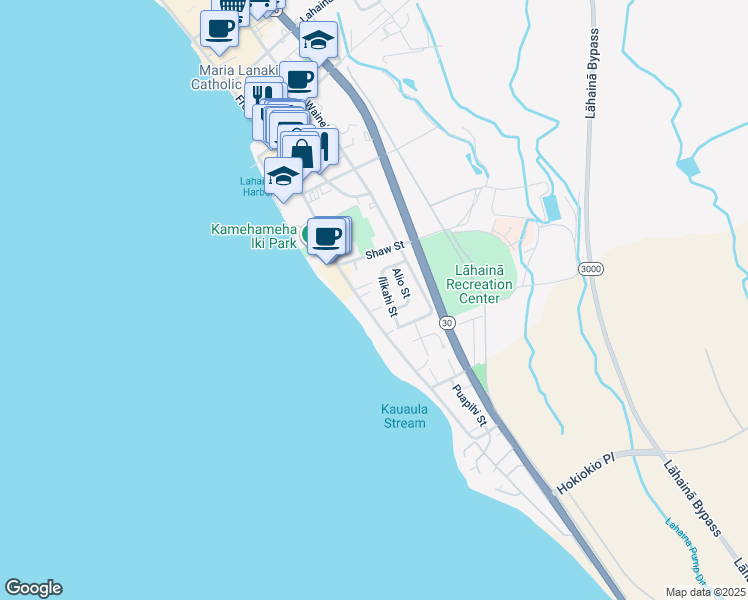 map of restaurants, bars, coffee shops, grocery stores, and more near 441 Ilikahi Street in Lahaina