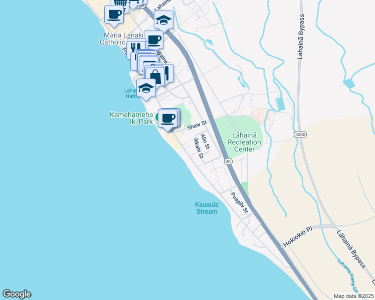 map of restaurants, bars, coffee shops, grocery stores, and more near 441 Ilikahi Street in Lahaina