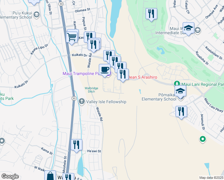 map of restaurants, bars, coffee shops, grocery stores, and more near 52 Paa Street in Kahului