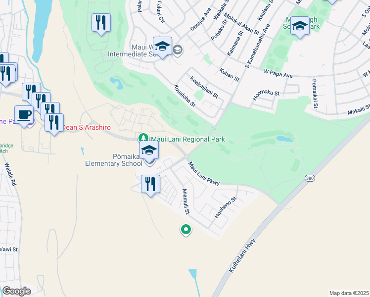 map of restaurants, bars, coffee shops, grocery stores, and more near 30 Pakau Place in Kahului