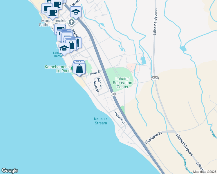 map of restaurants, bars, coffee shops, grocery stores, and more near 418 Waine'e Street in Lahaina