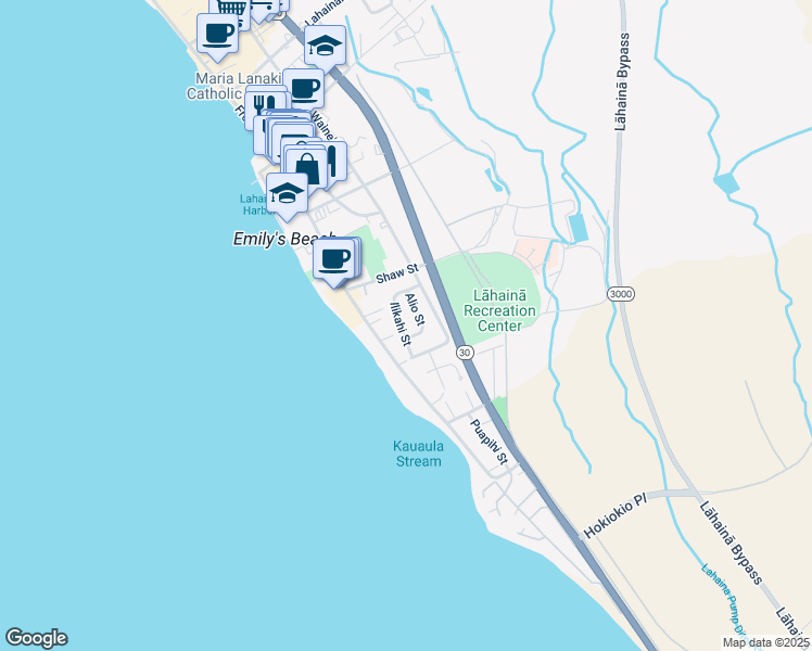 map of restaurants, bars, coffee shops, grocery stores, and more near 442 Ilikahi Street in Lahaina